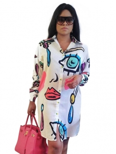 White Trendy Turndown Collar Printed Dress