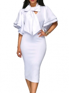 White Trendy V Neck Half Sleeves Bow-tie Dress