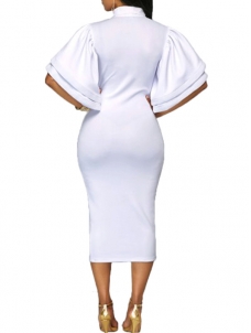 White Trendy V Neck Half Sleeves Bow-tie Dress