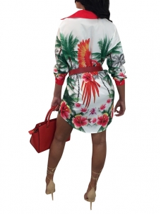 White Turndown Collar Printed Patchwork Dress