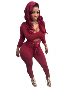 Wine Red Round Neck Hollow-out Jumpsuits