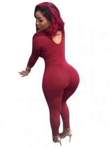 Wine Red Round Neck Hollow-out Jumpsuits