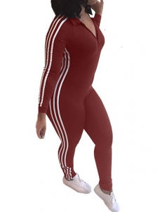 Wine Red  Leisure Striped Patchwork Jumpsuits