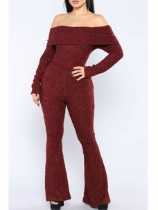 Wine Red Bateau Neck Trumpet Design Jumpsuits