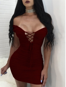 Wine Red Dew Shoulder Lace-up Hollow-out Mini Dress