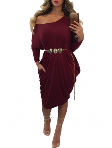 Wine Red Dew Shoulder Polyester Drape Dress