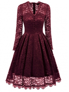 Wine Red Fashion Lace Trim Patchwork Dress