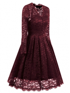 Wine Red Fashion Lace Trim Patchwork Dress