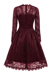 Wine Red Fashion Lace Trim Patchwork Dress
