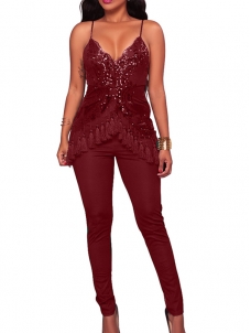 Wine Red Fashion Sleeveless Regular Jumpsuits 