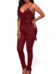 Wine Red Fashion Sleeveless Regular Jumpsuits 