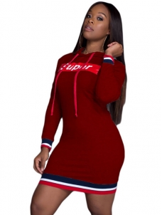 Wine Red Hooded Collar Letters Printed  Casual Dress