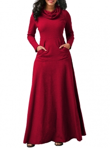 Wine Red Long Sleeve Cowl Neck Maxi Dress