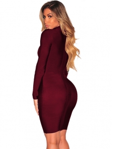Wine Red Round Neck Hollow-out Bodycon Dress 