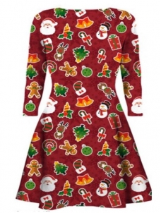 Wine Red Round Neck Long Sleeves Polyester Printed Casual Dress