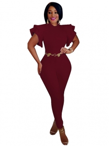 Wine Red Round Neck Lotus Leaf Sleeves Jumpsuits
