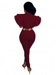 Wine Red Round Neck Lotus Leaf Sleeves Jumpsuits