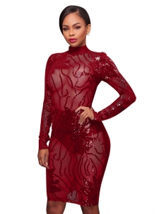 Wine Red See-Through Patchwork Sequined Dress