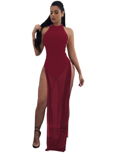 Wine Red See-Through Twilled Ankle Length Dress