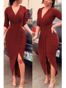 Wine Red Sexy Half Sleeves Asymmetrical Dress
