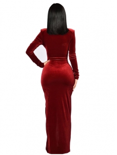 Wine Red Sexy Long Sleeves Side Split Dress
