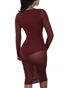 Wine Red Sexy U Neck See-Through Dress 