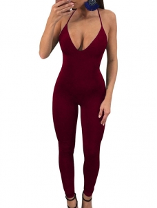 Wine Red Sexy V Neck Lace-up One-piece Jumpsuits 