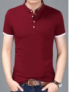 Wine Red Short Sleeve Mandarin Collar T-Shirts