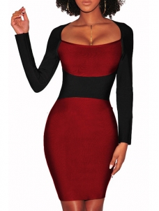 Wine Red Square Neck Patchwork Midi Dress