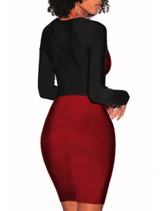 Wine Red Square Neck Patchwork Midi Dress