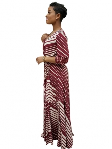 Wine Red Stripe Printed Ankle Length Casual Dress