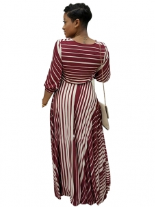 Wine Red Stripe Printed Ankle Length Casual Dress