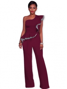 Wine Red Stylish Asymmetrical Cotton One-piece Jumpsuits   