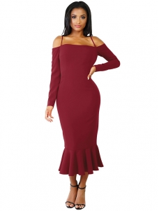 Wine Red Trendy Falbala Design Sheath Dress 