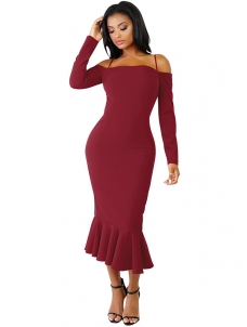 Wine Red Trendy Falbala Design Sheath Dress 