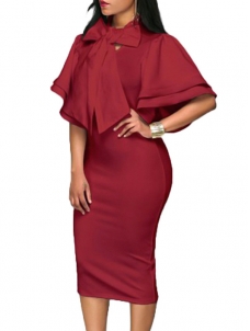 Wine Red V Neck Half Sleeves Bow-tie Dress