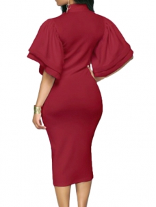 Wine Red V Neck Half Sleeves Bow-tie Dress