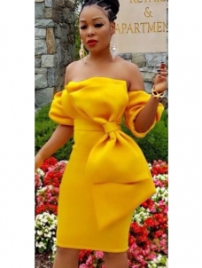 Yellow  Trendy Dew Shoulder Bow-tie Polyester Dress 