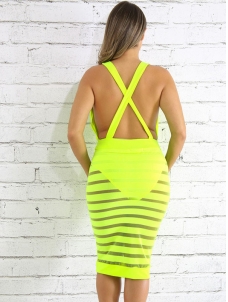 Yellow Deep V Neck Sleeveless Backless Midi Dress