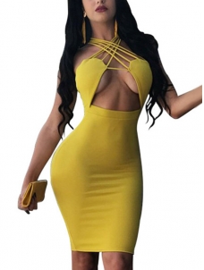 Yellow Hollow-out Knee Length Bodycon Dress
