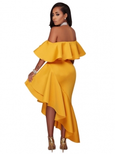 Yellow S-XXL Sexy Bateau Neck Maxi Dress