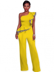 Yellow Stylish Asymmetrical Cotton One-piece Jumpsuits   
