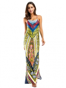 Yellow Stylish Spaghetti Strap Printed Maxi Dress