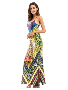 Yellow Stylish Spaghetti Strap Printed Maxi Dress
