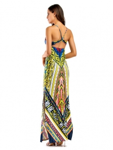 Yellow Stylish Spaghetti Strap Printed Maxi Dress
