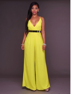 Yellow V Neck Backless One-piece Jumpsuits