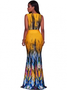 Yellow V Neck Printed Ankle Length Dress 