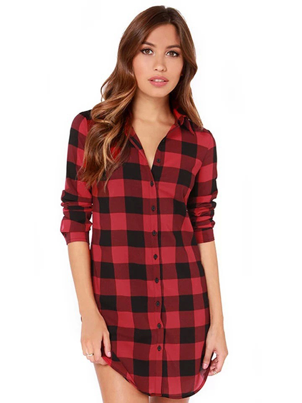 2 Colors S-2XL Long Sleeve Plaids Casual Dress