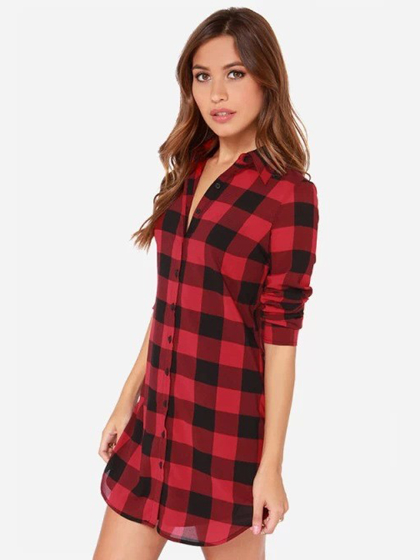 2 Colors S-2XL Long Sleeve Plaids Casual Dress