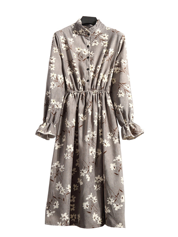 Apricot Women Stand Collar Long Sleeve Dress